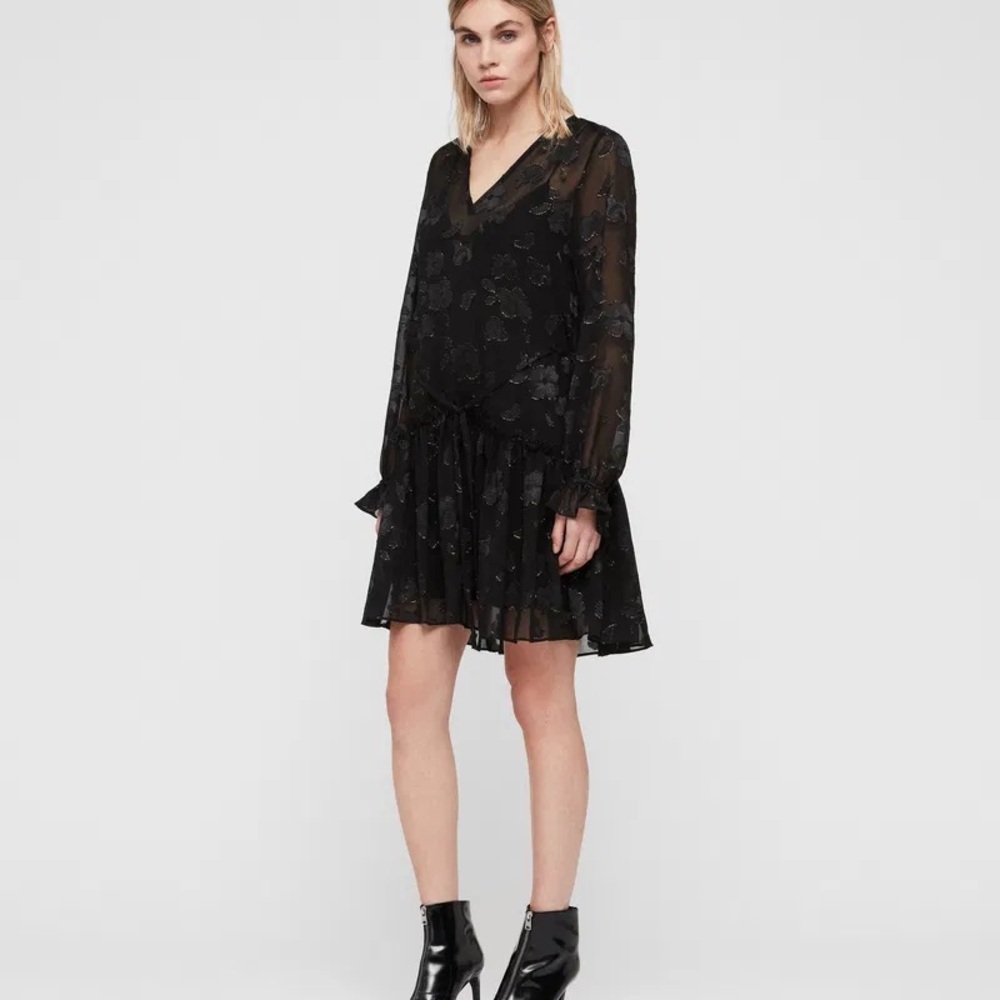 AllSaints Alia Flec Dress Black Gold Floral Babydoll Medium